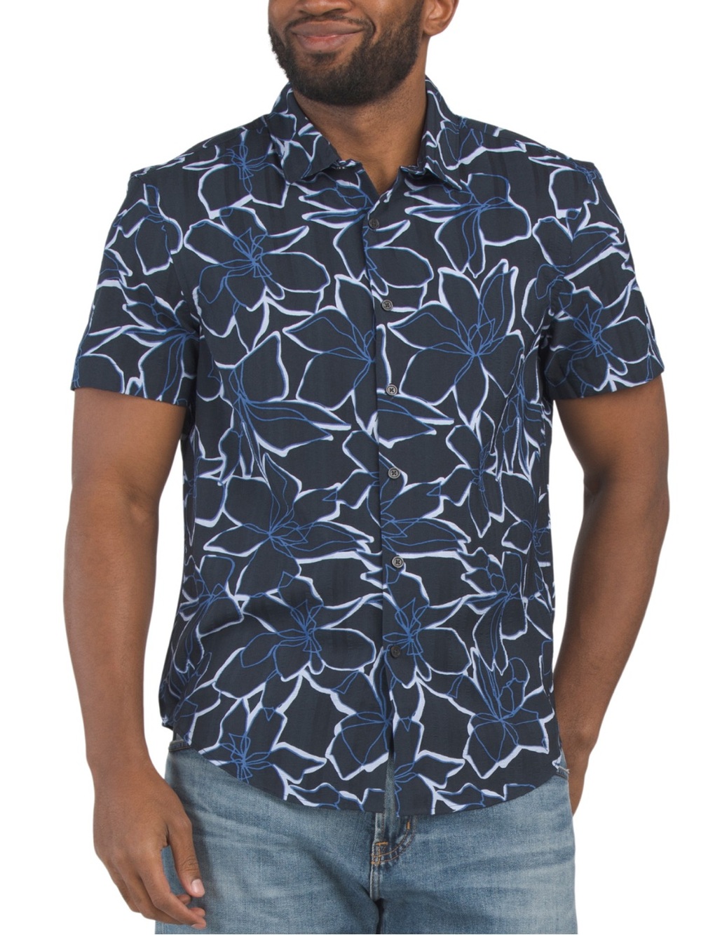 NWT Perry Ellis Navy Short Sleeve Button-Down with Light Floral  Pattern Size L